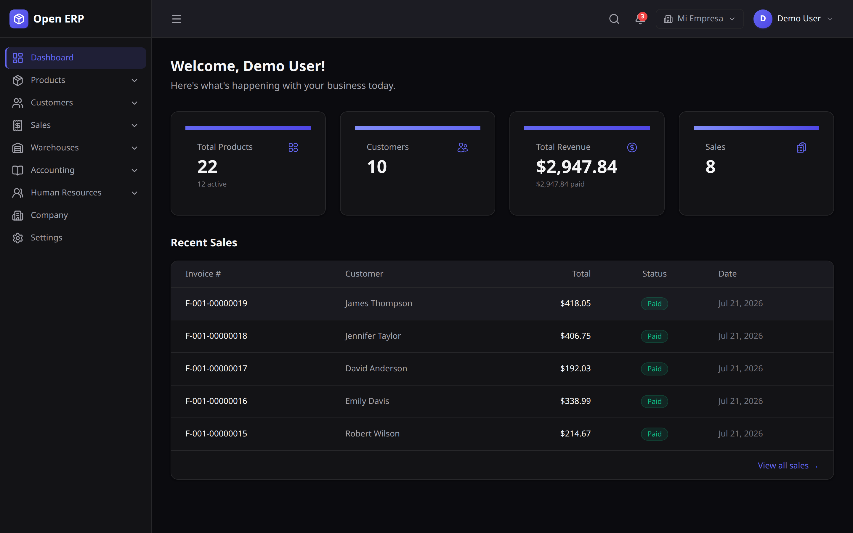 Dashboard principal con métricas y actividad reciente